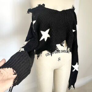 Cropped Black Sweater with White Stars, Oversized Long Sleeve Sweater Just Polly